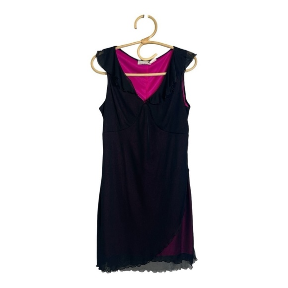 Vintage Scarlett Black Sheer Overlay Hot Pink Ruffle Collar Hem Mini Shirt Dress - Picture 13 of 13